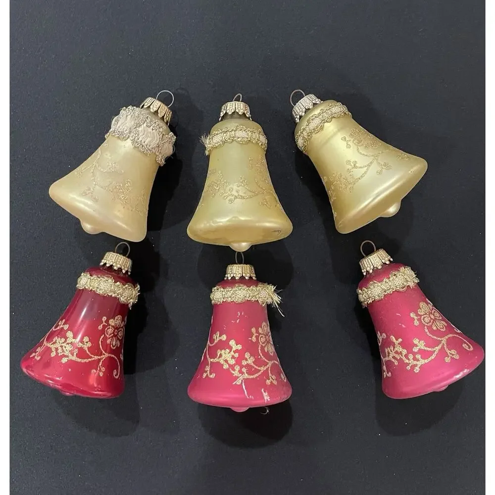 Vintage German Glass Bell Ornaments Set 6 Original Caps Marked Krebs Pink & Gold